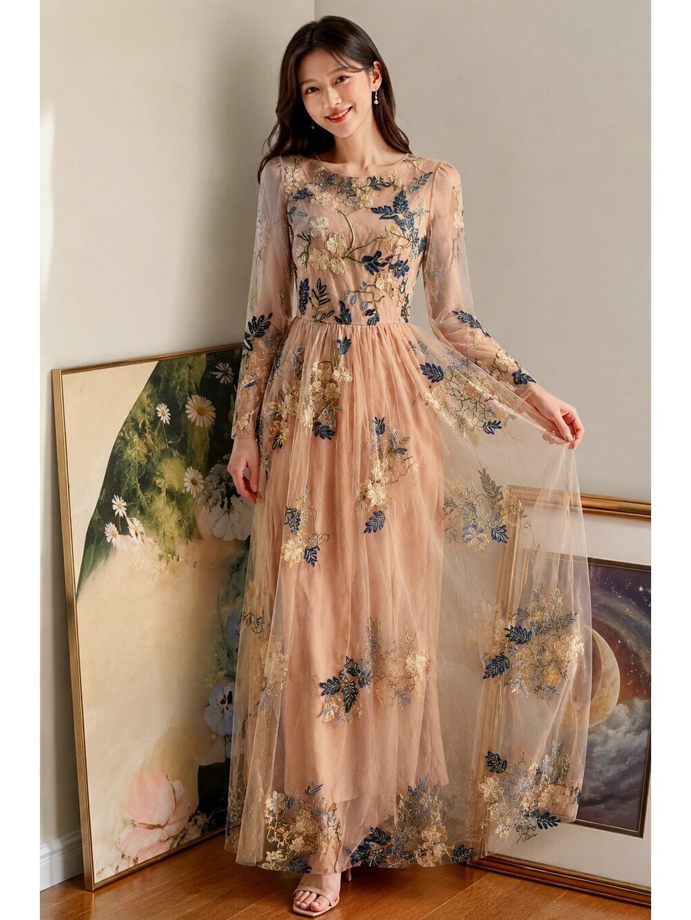 Long Sleeve Floral Embroidered Mesh Long Maxi Dress w/ zipper Party Dress Size M